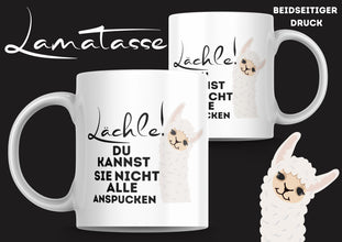Lustige Lama-Tasse – „Lächle, du kannst sie nicht alle anspucken“ – Beidseitig bedruckte Keramiktasse – Originelles Geschenk für Lama-Fans