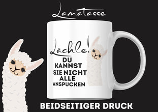Lustige Lama-Tasse – „Lächle, du kannst sie nicht alle anspucken“ – Beidseitig bedruckte Keramiktasse – Originelles Geschenk für Lama-Fans