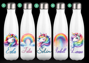 Trinkflasche, Einhorn, mit NAME, Unicorn, Regenbogen, DOPPELWANDIG, Edelstahl, Isolierflasche, HOCHWERTIG, Strahlende Farben