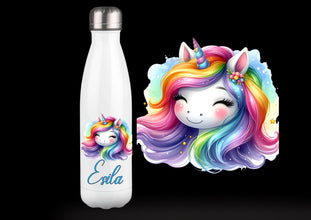 Trinkflasche, Einhorn, mit NAME, Unicorn, Regenbogen, DOPPELWANDIG, Edelstahl, Isolierflasche, HOCHWERTIG, Strahlende Farben