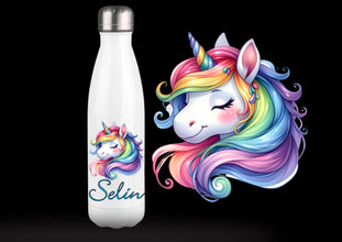 Trinkflasche, Einhorn, mit NAME, Unicorn, Regenbogen, DOPPELWANDIG, Edelstahl, Isolierflasche, HOCHWERTIG, Strahlende Farben