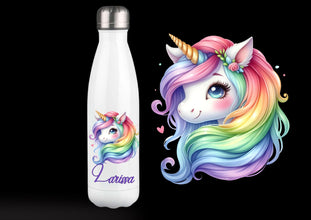 Trinkflasche, Einhorn, mit NAME, Unicorn, Regenbogen, DOPPELWANDIG, Edelstahl, Isolierflasche, HOCHWERTIG, Strahlende Farben