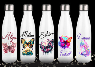 Trinkflasche personalisiert, mit NAME, DOPPELWANDIG, Edelstahl, Isolierflasche mit Schmetterlingsmotiven, HOCHWERTIG, Strahlendefarben