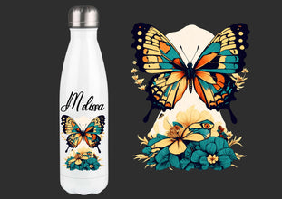 Trinkflasche personalisiert, mit NAME, DOPPELWANDIG, Edelstahl, Isolierflasche mit Schmetterlingsmotiven, HOCHWERTIG, Strahlendefarben