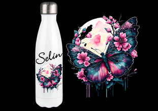 Trinkflasche personalisiert, mit NAME, DOPPELWANDIG, Edelstahl, Isolierflasche mit Schmetterlingsmotiven, HOCHWERTIG, Strahlendefarben