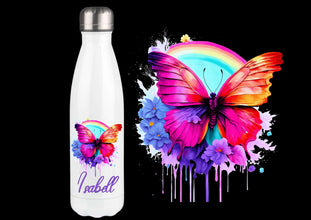 Trinkflasche personalisiert, mit NAME, DOPPELWANDIG, Edelstahl, Isolierflasche mit Schmetterlingsmotiven, HOCHWERTIG, Strahlendefarben