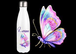 Trinkflasche personalisiert, mit NAME, DOPPELWANDIG, Edelstahl, Isolierflasche mit Schmetterlingsmotiven, HOCHWERTIG, Strahlendefarben