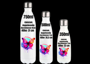Trinkflasche personalisiert, mit NAME, DOPPELWANDIG, Edelstahl, Isolierflasche mit Schmetterlingsmotiven, HOCHWERTIG, Strahlendefarben