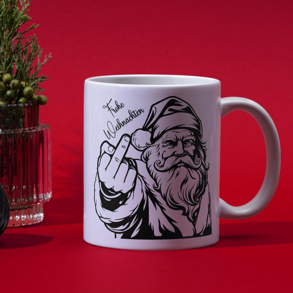 Lustige Weihnachtsmann Tasse – Frohe Weihnachten mit Mittelfinger – Witzige Geschenkidee für Weihnachten