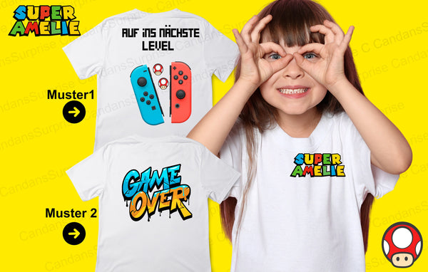 Mariotshirt, 100% Baumwolle,Geschenk für MARIOFANS,mit deinem NAMEN, Geburtstag, Abschied, SuperAmelie,Kindertshirt, GAMEOVER