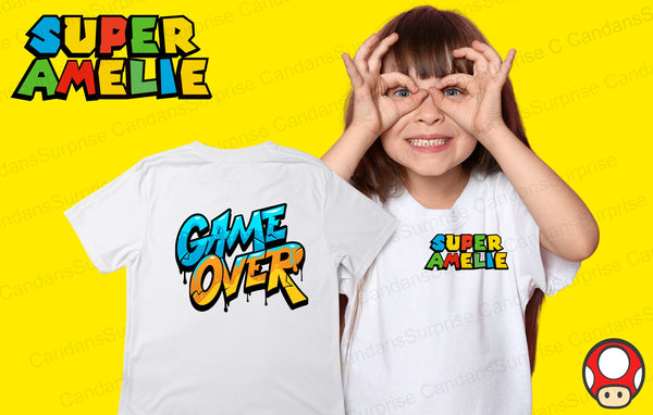 Mariotshirt, 100% Baumwolle,Geschenk für MARIOFANS,mit deinem NAMEN, Geburtstag, Abschied, SuperAmelie,Kindertshirt, GAMEOVER