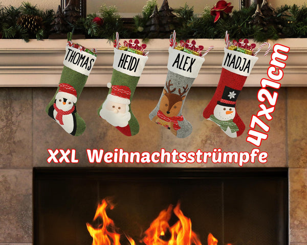 Personalisierte XXL Weihnachtsstrümpfe 47cm – Rentier, Weihnachtsmann und Schneemann Design – Individuelle Weihnachtsdekoration mit Namen