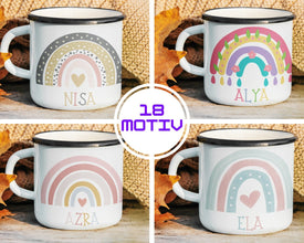 Regenbogen Kindertasse, Emaille Tasse Kinder, Tasse Kinder personalisiert, Kindertasse mit Namen, Emaille Tasse,