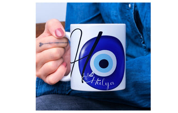 Elegante Tasse, Buchstaben Tasse, blaue Perle, Blaues Auge Motiv, Nazar Boncuk, personalisiert