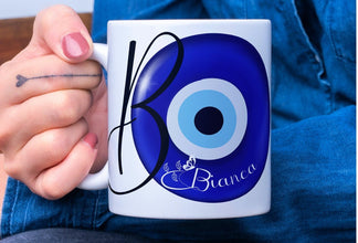 Elegante Tasse, Buchstaben Tasse, blaue Perle, Blaues Auge Motiv, Nazar Boncuk, personalisiert