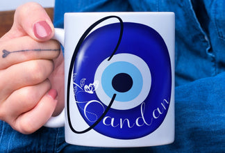 Elegante Tasse, Buchstaben Tasse, blaue Perle, Blaues Auge Motiv, Nazar Boncuk, personalisiert