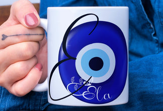Elegante Tasse, Buchstaben Tasse, blaue Perle, Blaues Auge Motiv, Nazar Boncuk, personalisiert