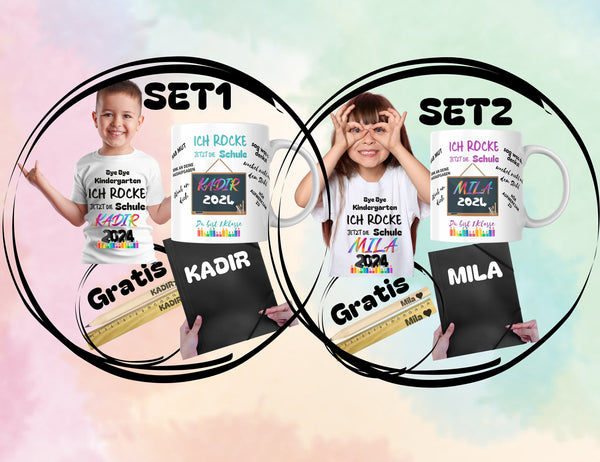 SCHULSTARTSET Tshirt mit NAMEN, ich ROCKE die Schule,Kita, Abschied Kindergarten, Schulanfang Geschenk,Schulkind,Einschulung,Gummizugmappe