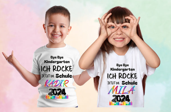SCHULSTARTSET Tshirt mit NAMEN, ich ROCKE die Schule,Kita, Abschied Kindergarten, Schulanfang Geschenk,Schulkind,Einschulung,Gummizugmappe