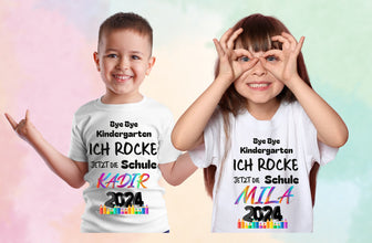 SCHULSTARTSET Tshirt mit NAMEN, ich ROCKE die Schule,Kita, Abschied Kindergarten, Schulanfang Geschenk,Schulkind,Einschulung,Gummizugmappe