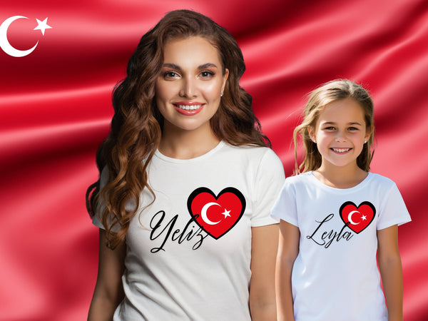 Türkei Tshirt mit Herz und NAME, Türkeitshirt mit NAME für Damen und Kinder, Fussball Europameisterschaft
