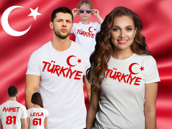 Türkei Tshirt Fan-T-Shirt - mit NAME und NUMMER - Herren, Damen, Kinder - In den Farben der türkischen Flagge