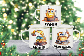 Bagger Kindertasse,Emaille Tasse Kinder, Tasse Kinder personalisiert, Kindertasse mit Namen,Emaille Tasse,