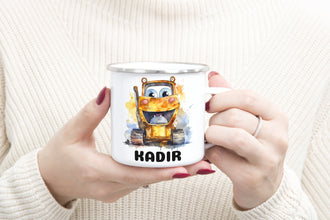 Bagger Kindertasse,Emaille Tasse Kinder, Tasse Kinder personalisiert, Kindertasse mit Namen,Emaille Tasse,