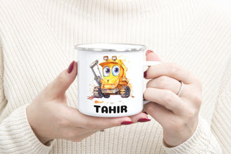 Bagger Kindertasse,Emaille Tasse Kinder, Tasse Kinder personalisiert, Kindertasse mit Namen,Emaille Tasse,