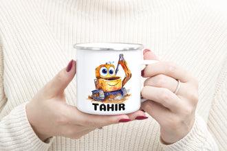 Bagger Kindertasse,Emaille Tasse Kinder, Tasse Kinder personalisiert, Kindertasse mit Namen,Emaille Tasse,
