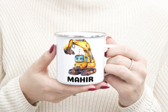 Bagger Kindertasse,Emaille Tasse Kinder, Tasse Kinder personalisiert, Kindertasse mit Namen,Emaille Tasse,