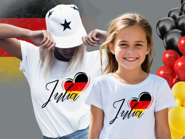Deutschland-T-Shirt mit Herz und PERSONALISIERUNG, EM Tshirt Germany, Deutschlandtshirt mit NAME,Damen und Kinder
