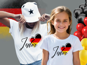 Deutschland-T-Shirt mit Herz und PERSONALISIERUNG, EM Tshirt Germany, Deutschlandtshirt mit NAME,Damen und Kinder