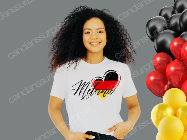 Deutschland-T-Shirt mit Herz und PERSONALISIERUNG, EM Tshirt Germany, Deutschlandtshirt mit NAME,Damen und Kinder