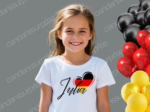 Deutschland-T-Shirt mit Herz und PERSONALISIERUNG, EM Tshirt Germany, Deutschlandtshirt mit NAME,Damen und Kinder