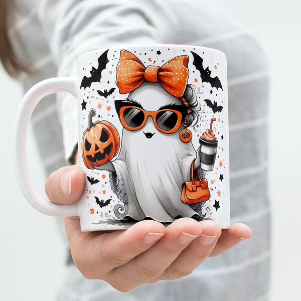 Halloween Tasse mit süßem Geister-Design | Kaffeetasse mit Kürbis und Fledermäusen | Perfekt für Herbst und Halloween Dekor
