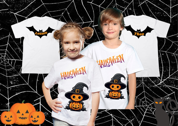 Halloween Shirt, Halloween Kürbis, Fledermaus mit NAME, PERSONALISIERUNG, Halloweengeschenk für Mädchen und Jungen, Kindertshirt