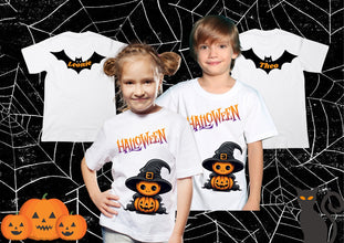 Halloween Shirt, Halloween Kürbis, Fledermaus mit NAME, PERSONALISIERUNG, Halloweengeschenk für Mädchen und Jungen, Kindertshirt