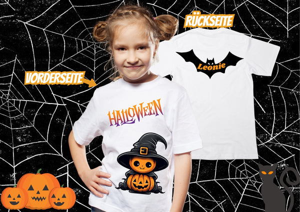 Halloween Shirt, Halloween Kürbis, Fledermaus mit NAME, PERSONALISIERUNG, Halloweengeschenk für Mädchen und Jungen, Kindertshirt