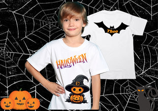 Halloween Shirt, Halloween Kürbis, Fledermaus mit NAME, PERSONALISIERUNG, Halloweengeschenk für Mädchen und Jungen, Kindertshirt