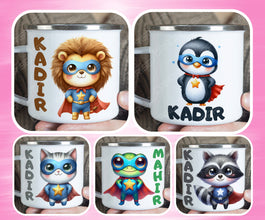Superhelden niedliche Tiere Kindertasse,Emaille Tasse Kinder,Tasse Kinder personalisiert,Kindertasse mit Namen,Superhelden Emaille Tasse, 6