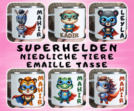 Superhelden niedliche Tiere Kindertasse, Emaille Tasse Kinder,Tasse Kinder personalisiert, Kindertasse mit Namen,Superhelden Emaille Tasse 2