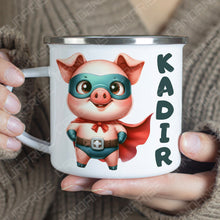 Superhelden niedliche Tiere Kindertasse, Emaille Tasse Kinder, Tasse Kinder personalisiert, Kindertasse mit Namen, Superhelden Emaille Tasse