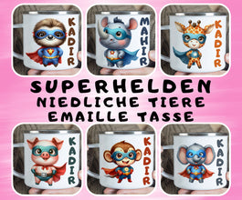 Superhelden niedliche Tiere Kindertasse, Emaille Tasse Kinder, Tasse Kinder personalisiert, Kindertasse mit Namen, Superhelden Emaille Tasse