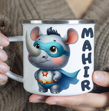 Superhelden niedliche Tiere Kindertasse, Emaille Tasse Kinder, Tasse Kinder personalisiert, Kindertasse mit Namen, Superhelden Emaille Tasse