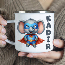 Superhelden niedliche Tiere Kindertasse, Emaille Tasse Kinder, Tasse Kinder personalisiert, Kindertasse mit Namen, Superhelden Emaille Tasse