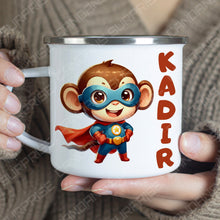 Superhelden niedliche Tiere Kindertasse, Emaille Tasse Kinder, Tasse Kinder personalisiert, Kindertasse mit Namen, Superhelden Emaille Tasse