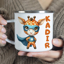 Superhelden niedliche Tiere Kindertasse, Emaille Tasse Kinder, Tasse Kinder personalisiert, Kindertasse mit Namen, Superhelden Emaille Tasse