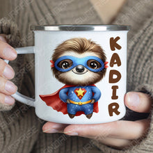 Superhelden niedliche Tiere Kindertasse, Emaille Tasse Kinder, Tasse Kinder personalisiert, Kindertasse mit Namen, Superhelden Emaille Tasse