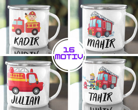 Feuerwehr Kindertasse, Emaille Tasse Kinder, Tasse Kinder personalisiert, Kindertasse mit Namen, Emaille Tasse,